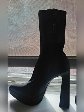 Zara Black Platform Stretch Ankle Boots with High Block Heel